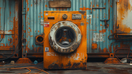 An old washing machine is standing on the street. Generative AIの素材