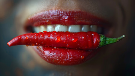 woman's mouth holds red pepper. Generative AIの素材