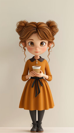 3d character girl in a dress holding coffee on a white background. Generative AIの素材