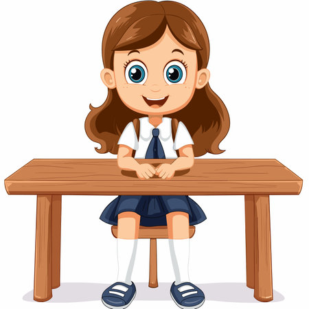 vector girl schoolgirl at her desk .Generative AIのイラスト素材