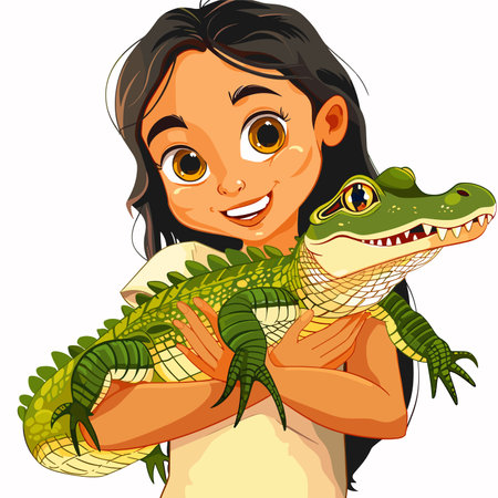 vector girl holding a crocodile on a white background. Generative AIのイラスト素材