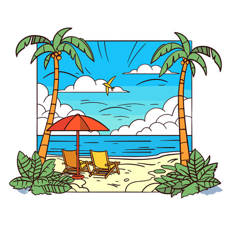 vector beach sun loungers palm flat style .Generative AIのイラスト素材