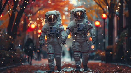 two astronauts walking hand in hand on the street .Generative AIの素材