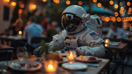 astronaut sitting in a restaurant .Generative AIの素材