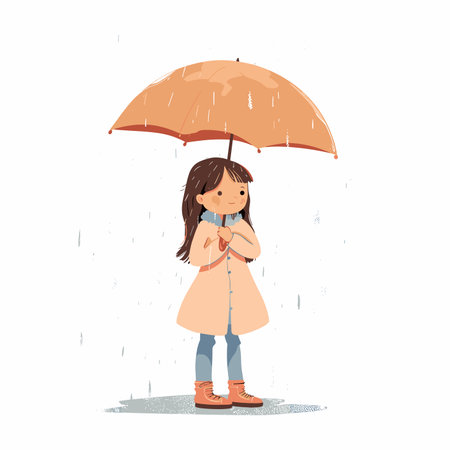 vector little girl with an umbrella in the rain on a white background .Generative AIのイラスト素材