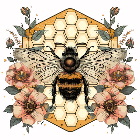 vector bee on flower and honeycomb .Generative AIのイラスト素材