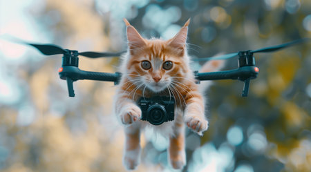 cat flies on a quadcopter .Generative AIの素材