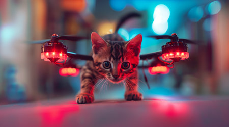 cat flies on a quadcopter .Generative AIの素材