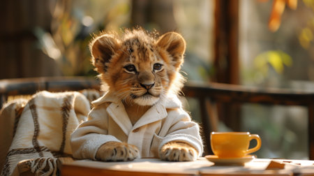 little lion cub in a robe sits in a cafe. Generative AIの素材
