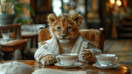 little lion cub in a robe sits in a cafe. Generative AIの素材