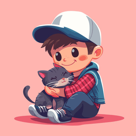 vector boy with cat minimalism. Generative AIのイラスト素材
