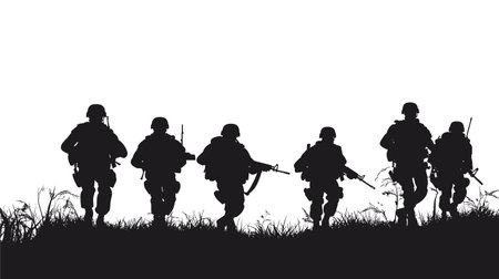 vector silhouette of army military with machine guns on white background. Generative AI