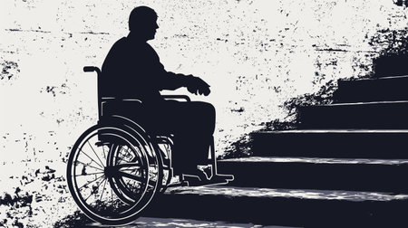vector silhouette of a disabled person on a wheelchair near the steps on a white background. Generative AIのイラスト素材