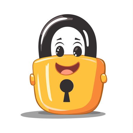 Cute yellow padlock character on white background. Vector illustration.のイラスト素材