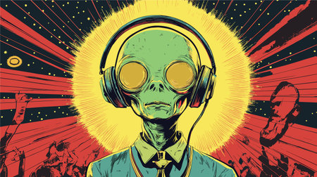 vector alien in headphones at a rave in yellow and blue colors in pin-up style on the background of...