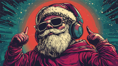 vector santa claus in headphones and sunglasses at a rave with rays in the background .Generative AIのイラスト素材