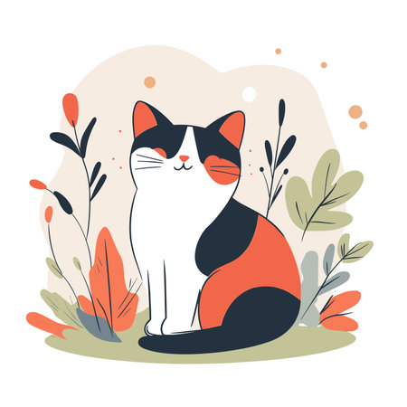 Vector illustration of a cute cat sitting on a background of leaves.のイラスト素材