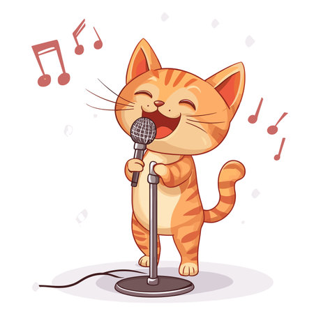 vector cat singing into microphone on white background .Generative AIのイラスト素材
