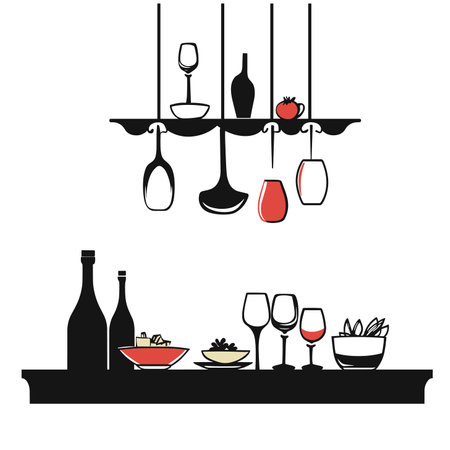 vector silhouette of table with restaurant utensils on white background .Generative AIのイラスト素材