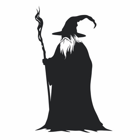 vector silhouette of a wizard with a staff in a hat on a white background .Generative AIのイラスト素材
