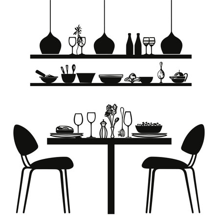 vector silhouette of table with restaurant utensils on white background .Generative AIのイラスト素材