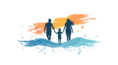 vector drawing of family holding hands with simple lines on white background .Generative AIのイラスト素材