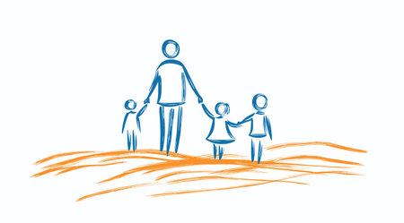 vector drawing of family holding hands with simple lines on white background .Generative AIのイラスト素材