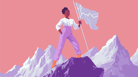 vector black woman standing on mountain with waving flag .Generative AIのイラスト素材