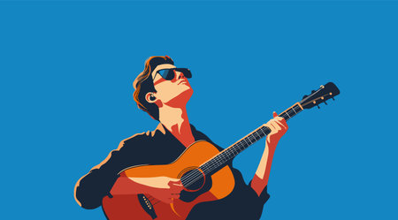 Guitar player. Vector illustration in cartoon style on blue background
