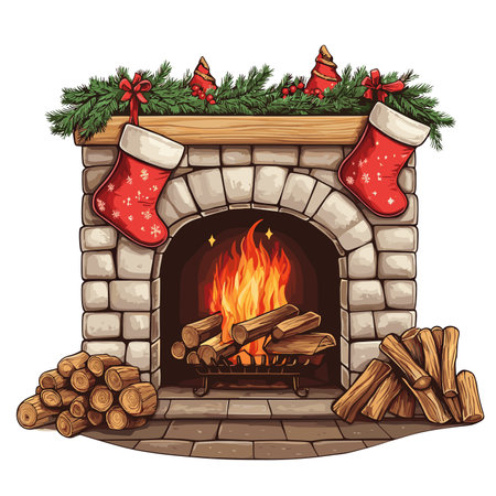 vector flat style fireplace with hanging socks on white background .Generative AIのイラスト素材