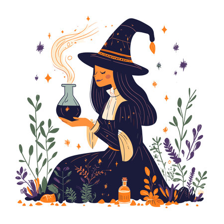vector drawing of a witch woman brewing a potion on a white background .Generative AIのイラスト素材