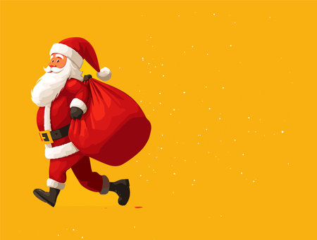vector drawing of Santa Claus with a bag of gifts on a yellow background .Generative AIのイラスト素材