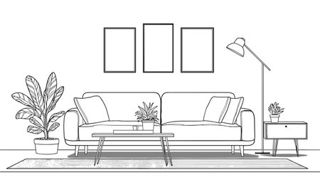 vector drawing of black lines room with sofa and paintings on white background .Generative AIのイラスト素材