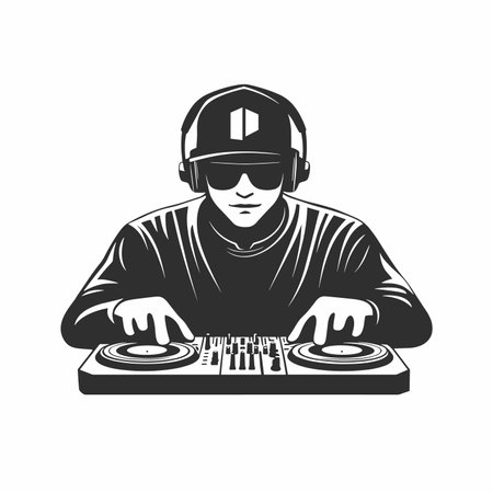 vector drawing of black silhouette of a dj at a dj console on a white background .Generative AIのイラスト素材