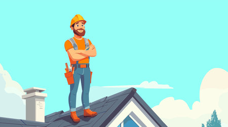 vector builder stands on roof sky in background .Generative AIのイラスト素材