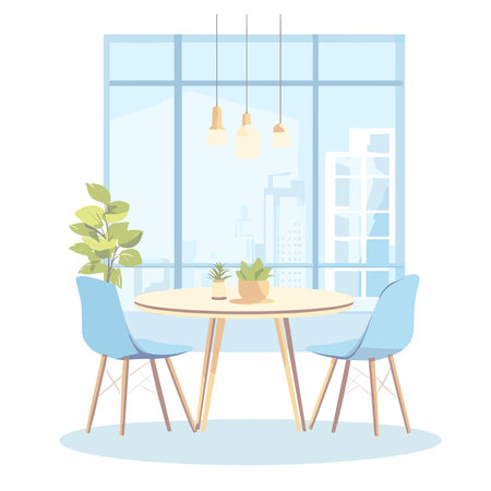 vector flat style chairs and table stand near window in blue tones on white background .Generative AIのイラスト素材