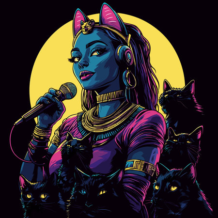 vector girl singing into microphone portrait, next to her cats, bright colors.Generative AIのイラスト素材