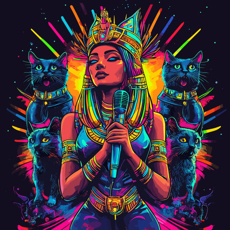 vector girl singing into microphone portrait, next to her cats, bright colors.Generative AIのイラスト素材
