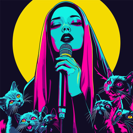 vector girl singing into microphone portrait, next to her cats, bright colors.Generative AIのイラスト素材