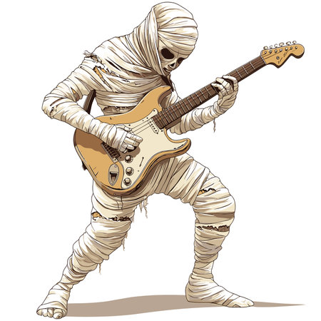 vector drawing mummy stands with guitar on white background .Generative AIのイラスト素材