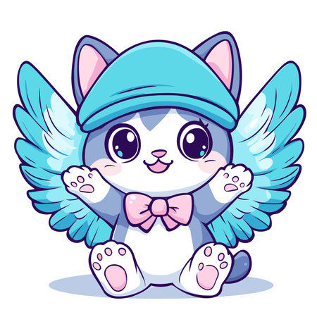 vector drawing of a simple cat in a hat with wings on a plain background .Generative AIのイラスト素材