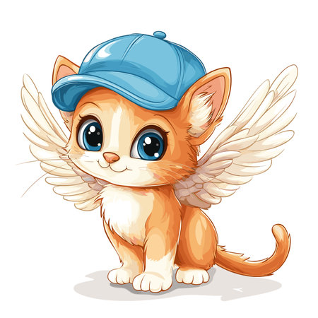 vector drawing of a simple cat in a hat with wings on a plain background .Generative AIのイラスト素材