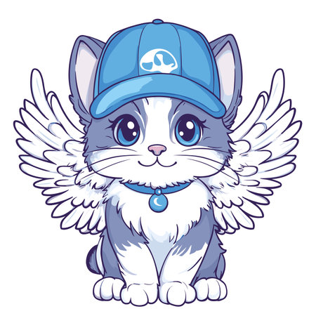 vector drawing of a simple cat in a hat with wings on a plain background .Generative AIのイラスト素材