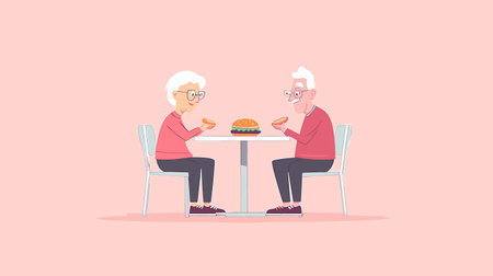 vector simple style grandma and grandpa sitting at table eating .Generative AIのイラスト素材