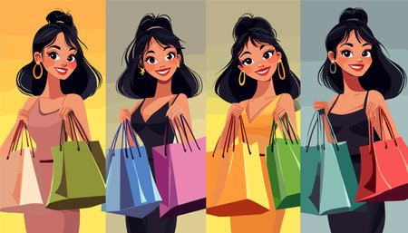 vector simple drawing girl with shopping bags standing in dress .Generative AIのイラスト素材