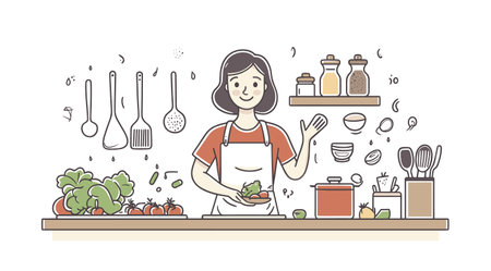 vector simple drawing girl in the kitchen cooking food .Generative AIのイラスト素材