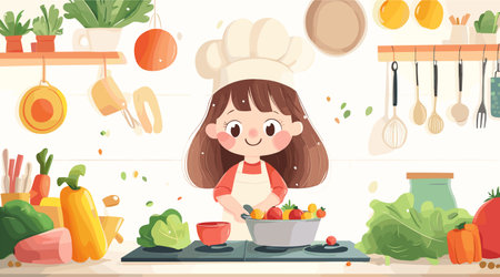 vector simple drawing girl in the kitchen cooking food .Generative AIのイラスト素材