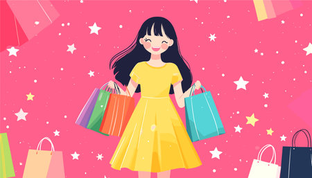 vector simple drawing girl with shopping bags standing in dress .Generative AIのイラスト素材