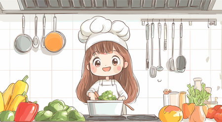 vector simple drawing girl in the kitchen cooking food .Generative AIのイラスト素材