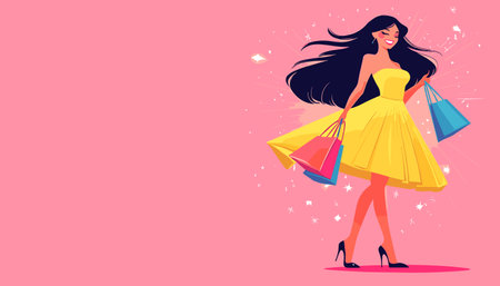 vector simple drawing girl with shopping bags standing in dress .Generative AIのイラスト素材